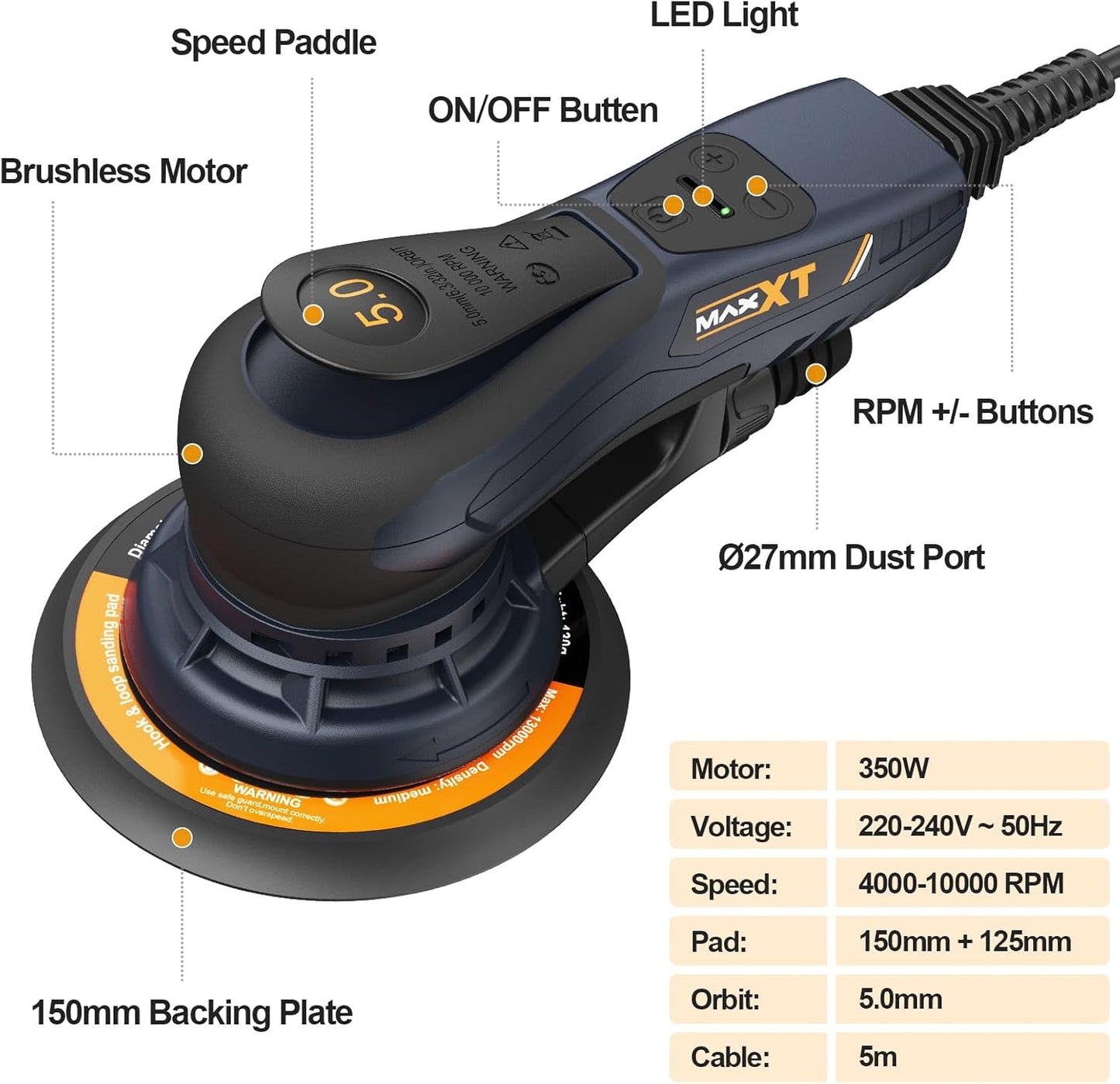 MAXXT 5,0 mm Bürstenloser Brushless Exzenterschleifer 230V  mit Dreikernverkabelung