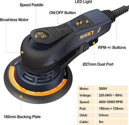 MAXXT 5,0 mm Bürstenloser Brushless Exzenterschleifer 230V  mit Dreikernverkabelung