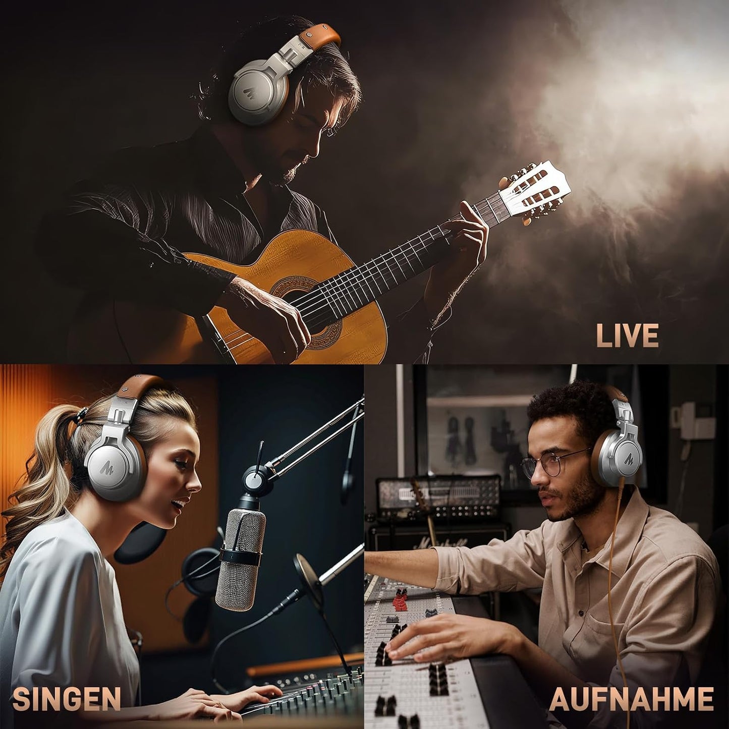 MAONO Professionelle Studio Kopfhörer mit 6,35 & 3,5mm abnehmbarem Kabel,Silber