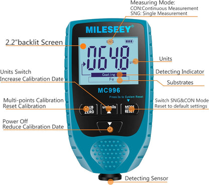 Mileseey MC996 Digitale Schichtdickenmessgeräte Digitale Beschichtung Dicke Gauge Auto Lack Detektor Farbe Dicke Meter Auto Tester Beschichtung Dicke Gauge for Auto Leicht ablesbares Display(MC996)