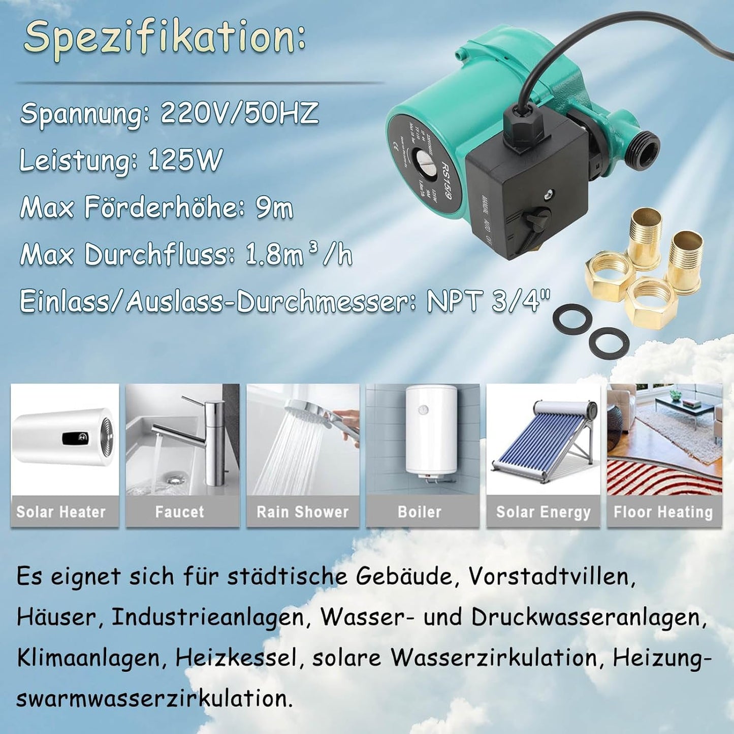 Umwälzpumpe | RS15/9 Heizungspumpe, 125W Zirkulationspumpe Warmwasser
