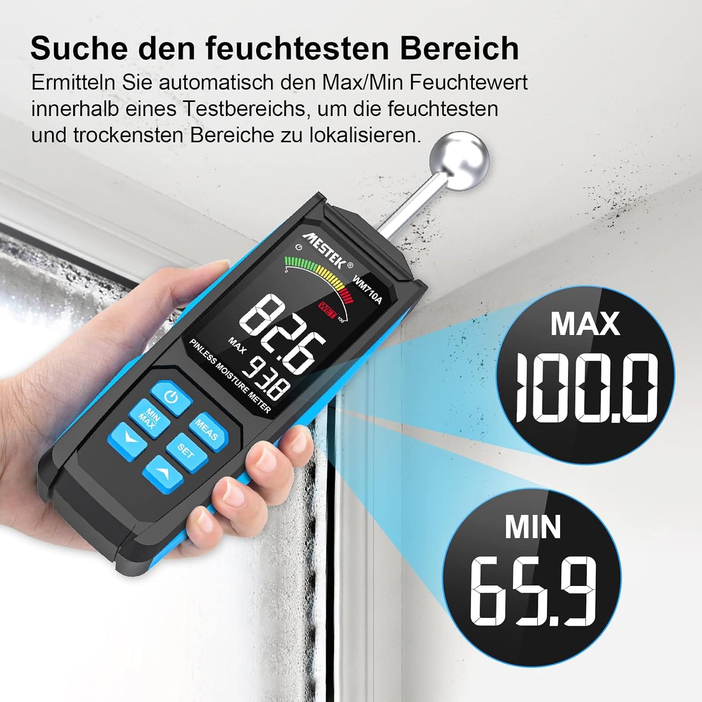 MESTEK Feuchtigkeitsmessgerät  mit HD-Farb-Großbild Akustischem Alarm 20-40mm Analysetiefe