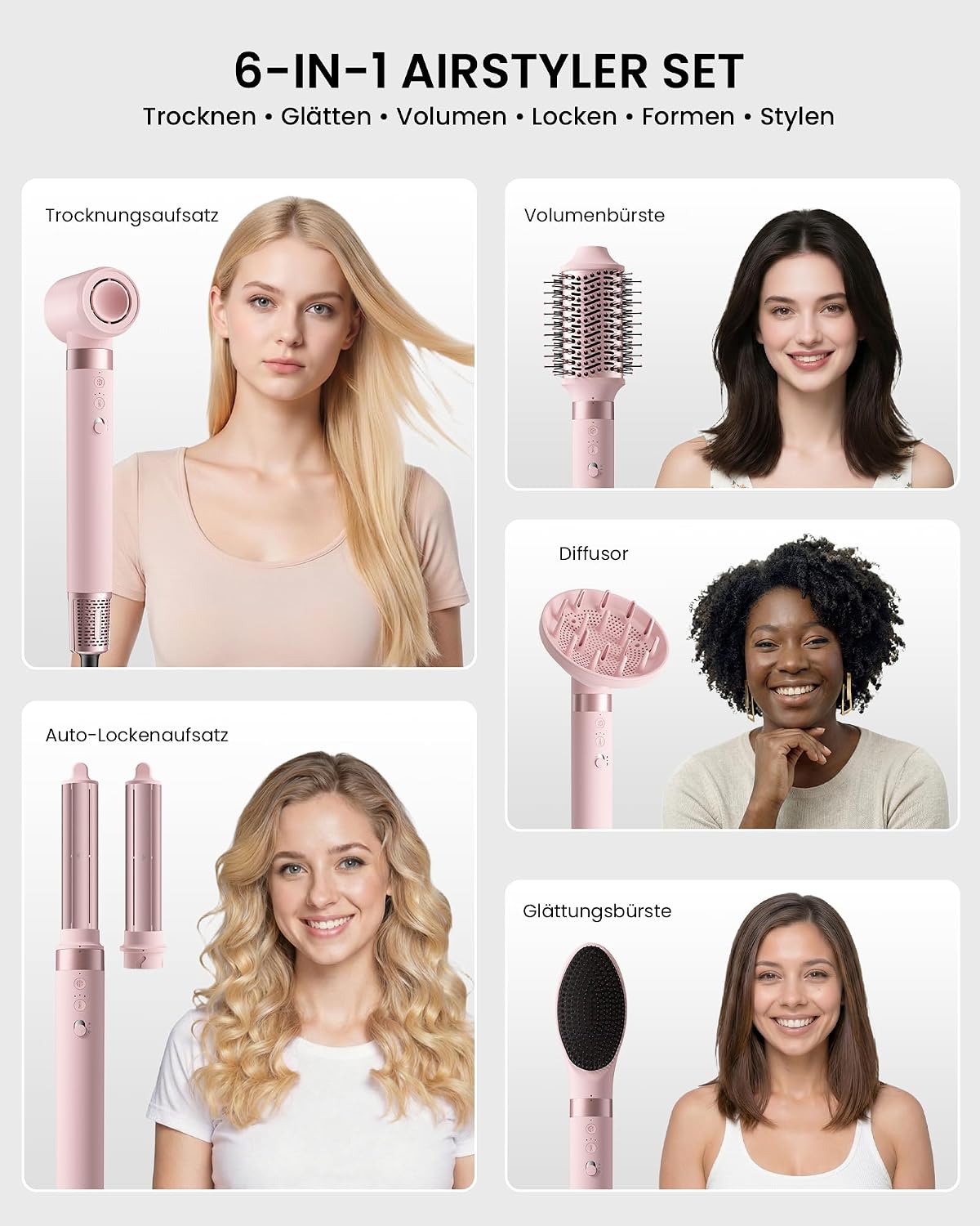 MESCOMB 6-in-1 Airstyler, Hairstyler mit Auto-Wrap Lockenstab & Föhnbürste 110.000 U/min Ionen