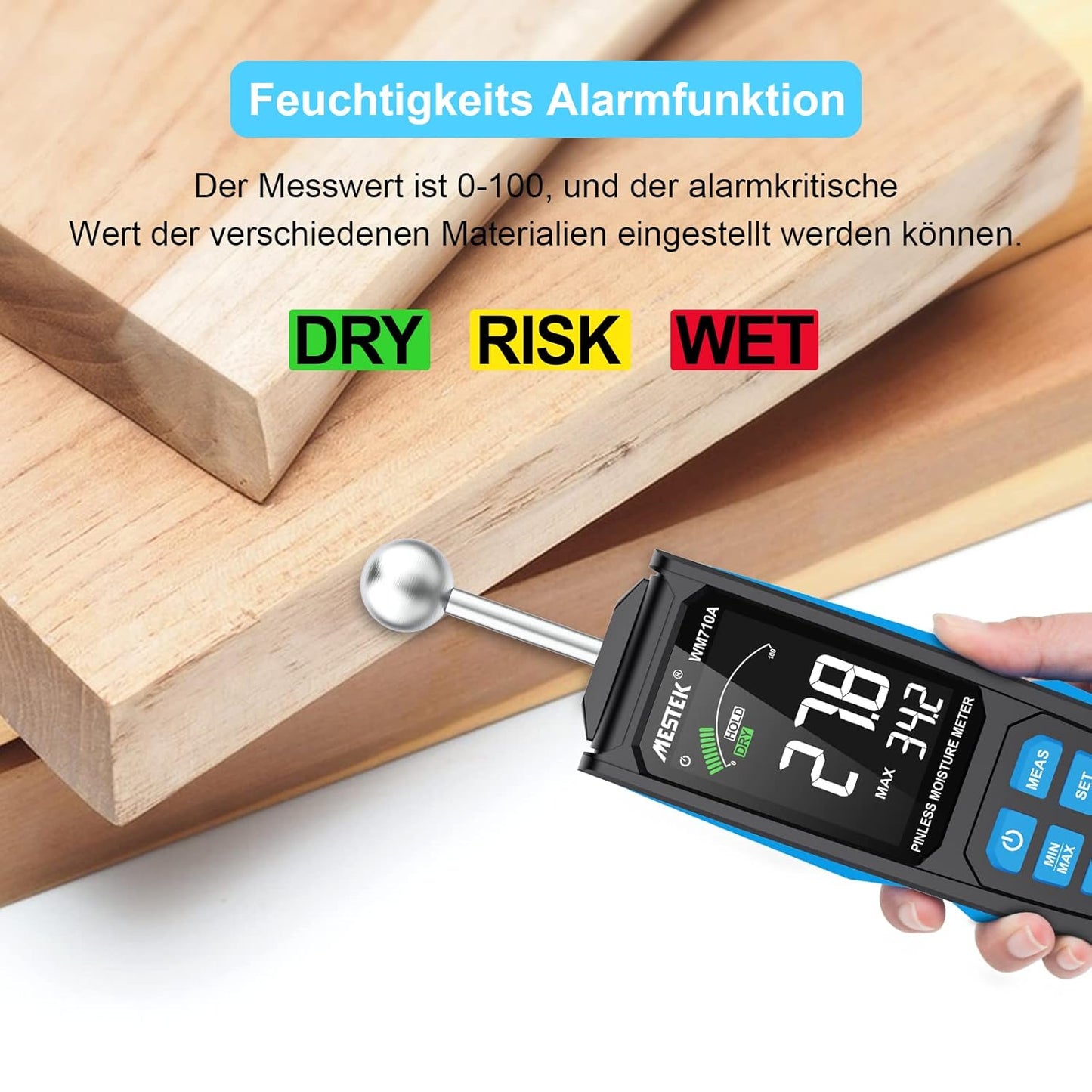 MESTEK Feuchtigkeitsmessgerät  mit HD-Farb-Großbild Akustischem Alarm 20-40mm Analysetiefe