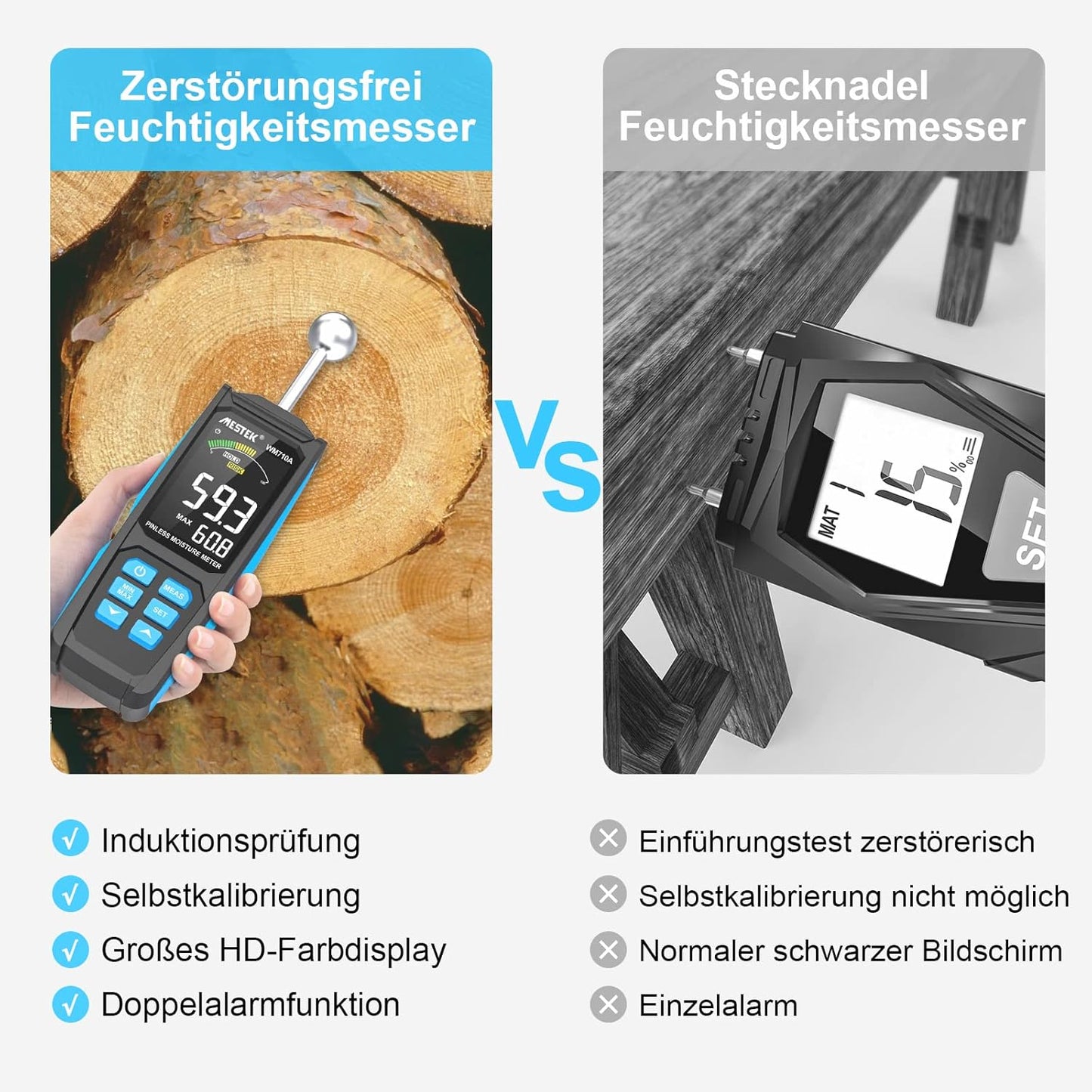 MESTEK Feuchtigkeitsmessgerät  mit HD-Farb-Großbild Akustischem Alarm 20-40mm Analysetiefe