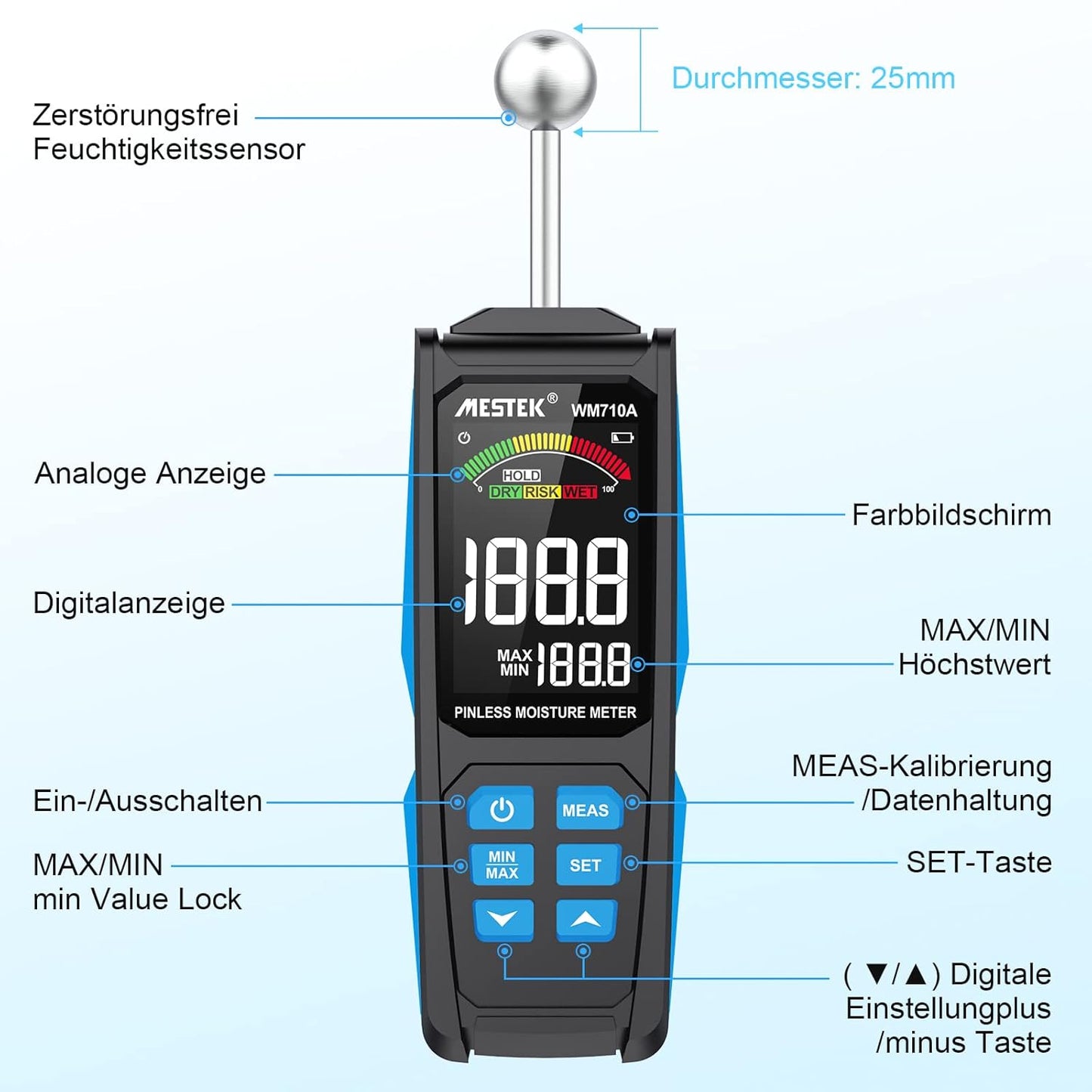 MESTEK Feuchtigkeitsmessgerät  mit HD-Farb-Großbild Akustischem Alarm 20-40mm Analysetiefe