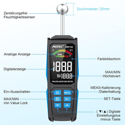 MESTEK Feuchtigkeitsmessgerät  mit HD-Farb-Großbild Akustischem Alarm 20-40mm Analysetiefe
