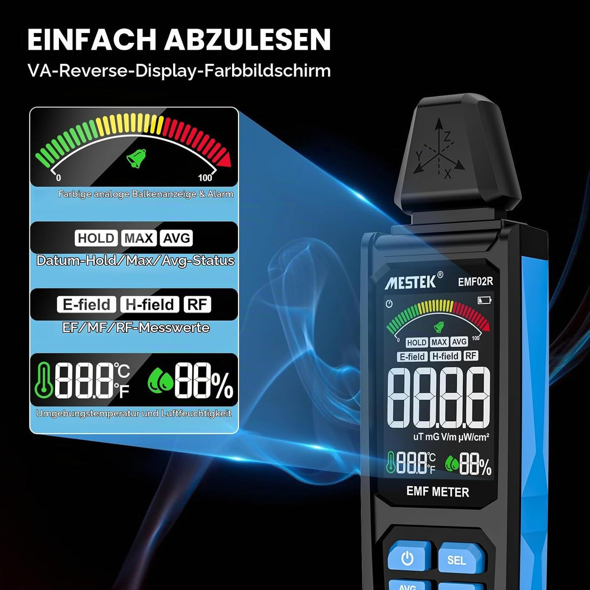 MESTEK EMF Messgerät 5-in-1 EF/MF/Radio-Frequenz EMF Meter,Strahlung Messgerät EMF02R