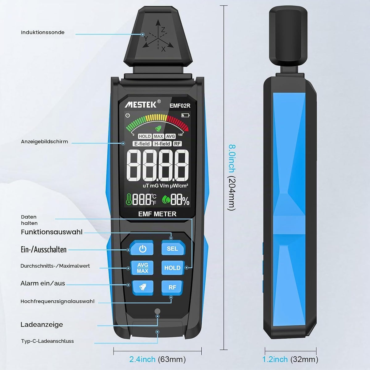 MESTEK EMF Messgerät 5-in-1 EF/MF/Radio-Frequenz EMF Meter,Strahlung Messgerät EMF02R
