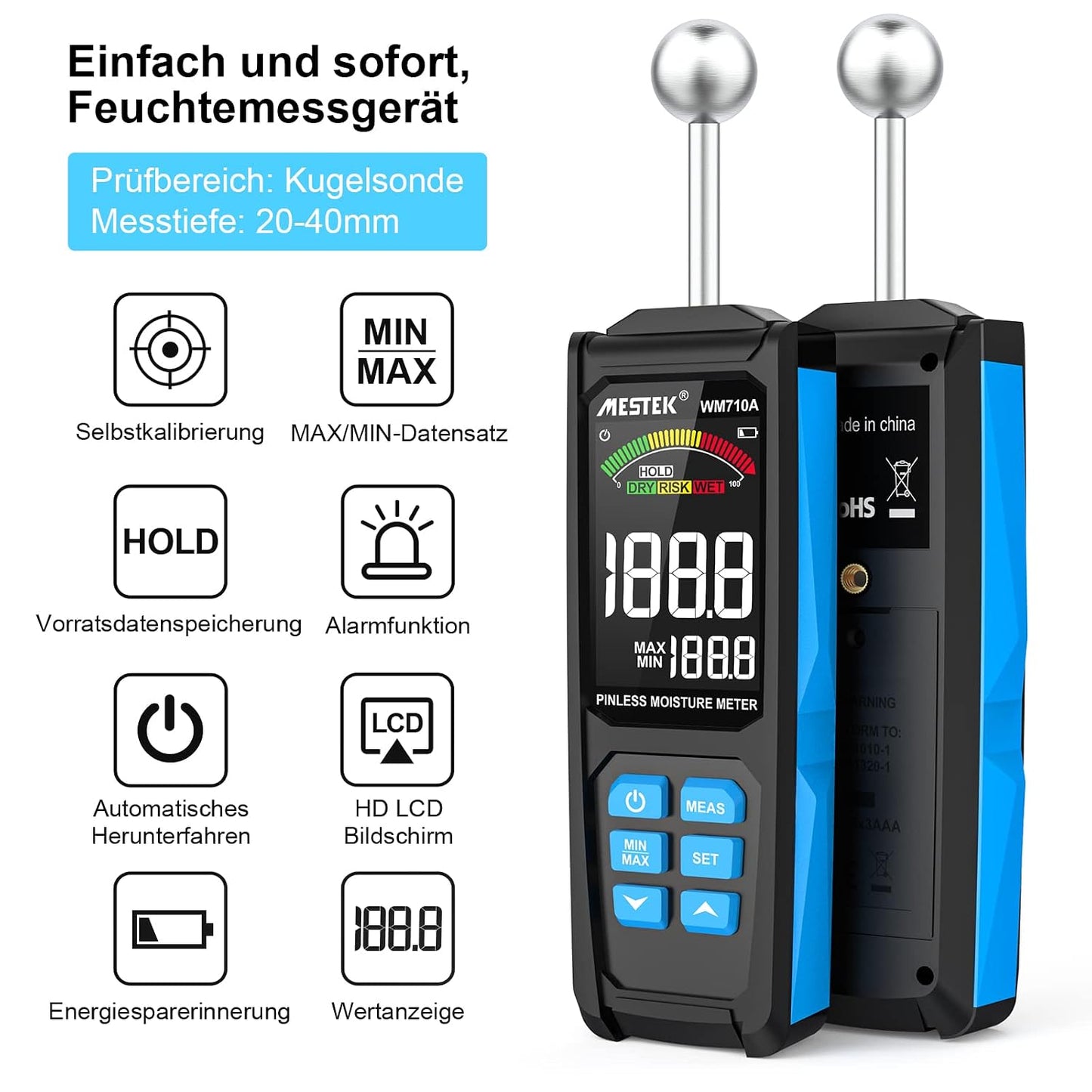 MESTEK Feuchtigkeitsmessgerät  mit HD-Farb-Großbild Akustischem Alarm 20-40mm Analysetiefe