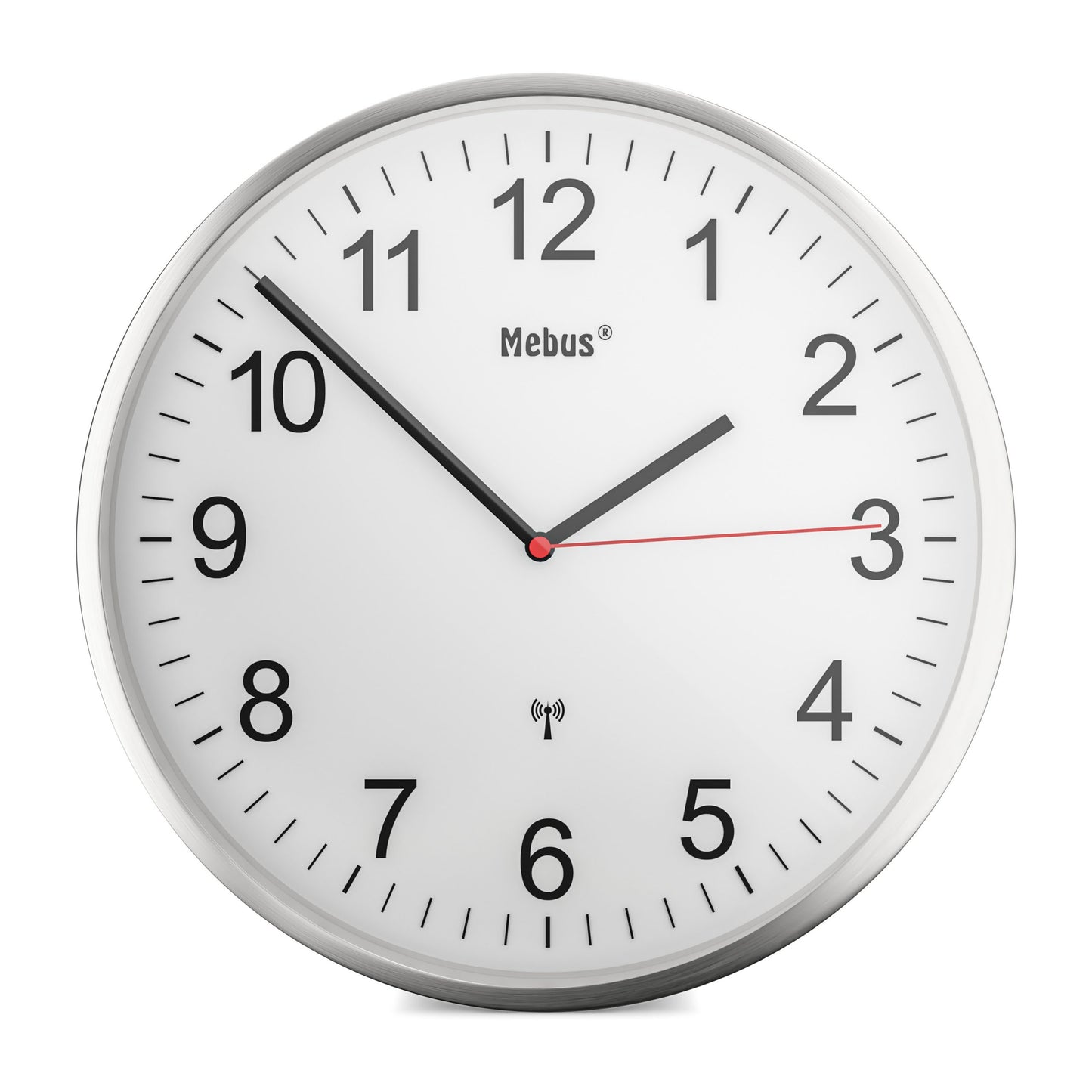 Mebus Funkwanduhr mit hochwertigem Aluminum-Rahmen, lautlos, Bahnhofsuhr, Klassisches Design, 30 cm, gutablesbar, Couleur: Argent/Blanc, 19411