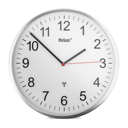 Mebus Funkwanduhr mit hochwertigem Aluminum-Rahmen, lautlos, Bahnhofsuhr, Klassisches Design, 30 cm, gutablesbar, Couleur: Argent/Blanc, 19411