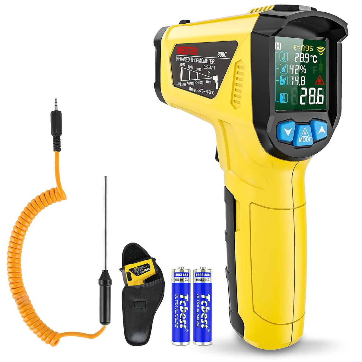 MESTEK Infrarot Thermometer Laser  mit K-Sonde IR Pyrometer -50°C bis 800°C