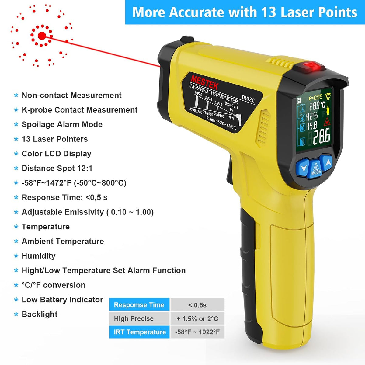 MESTEK Infrarot Thermometer Laser  mit K-Sonde IR Pyrometer -50°C bis 800°C
