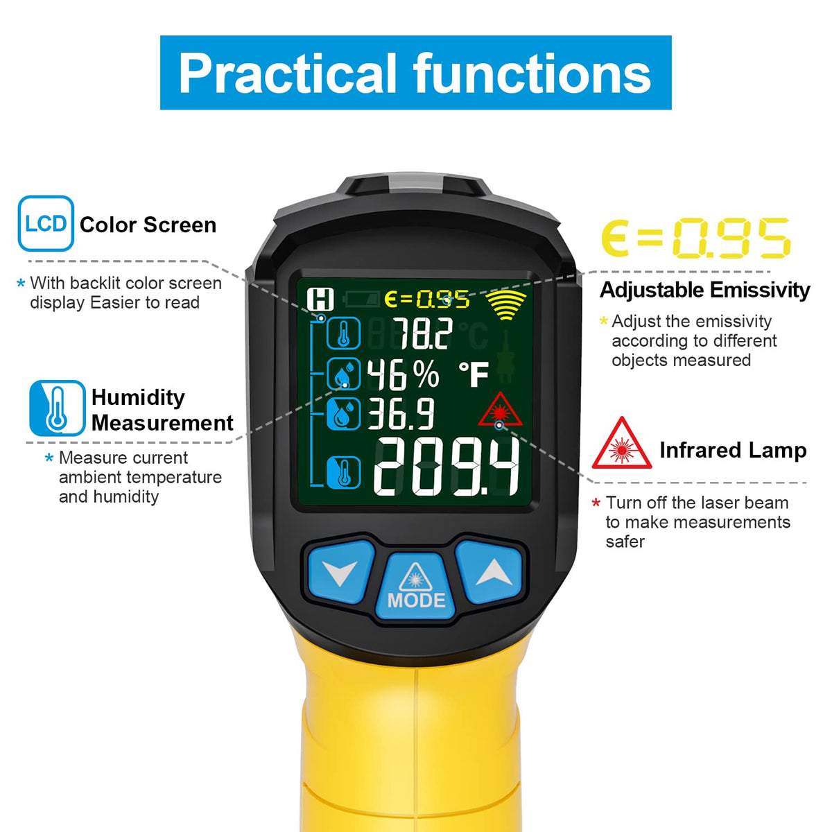 MESTEK Infrarot Thermometer Laser  mit K-Sonde IR Pyrometer -50°C bis 800°C