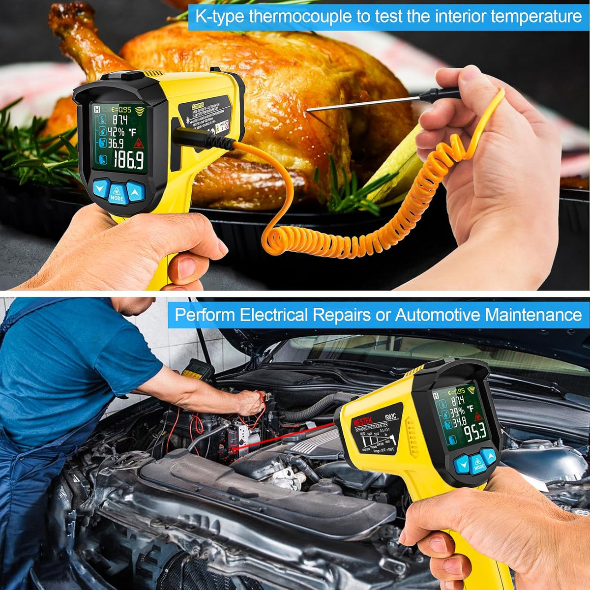 MESTEK Infrarot Thermometer Laser  mit K-Sonde IR Pyrometer -50°C bis 800°C
