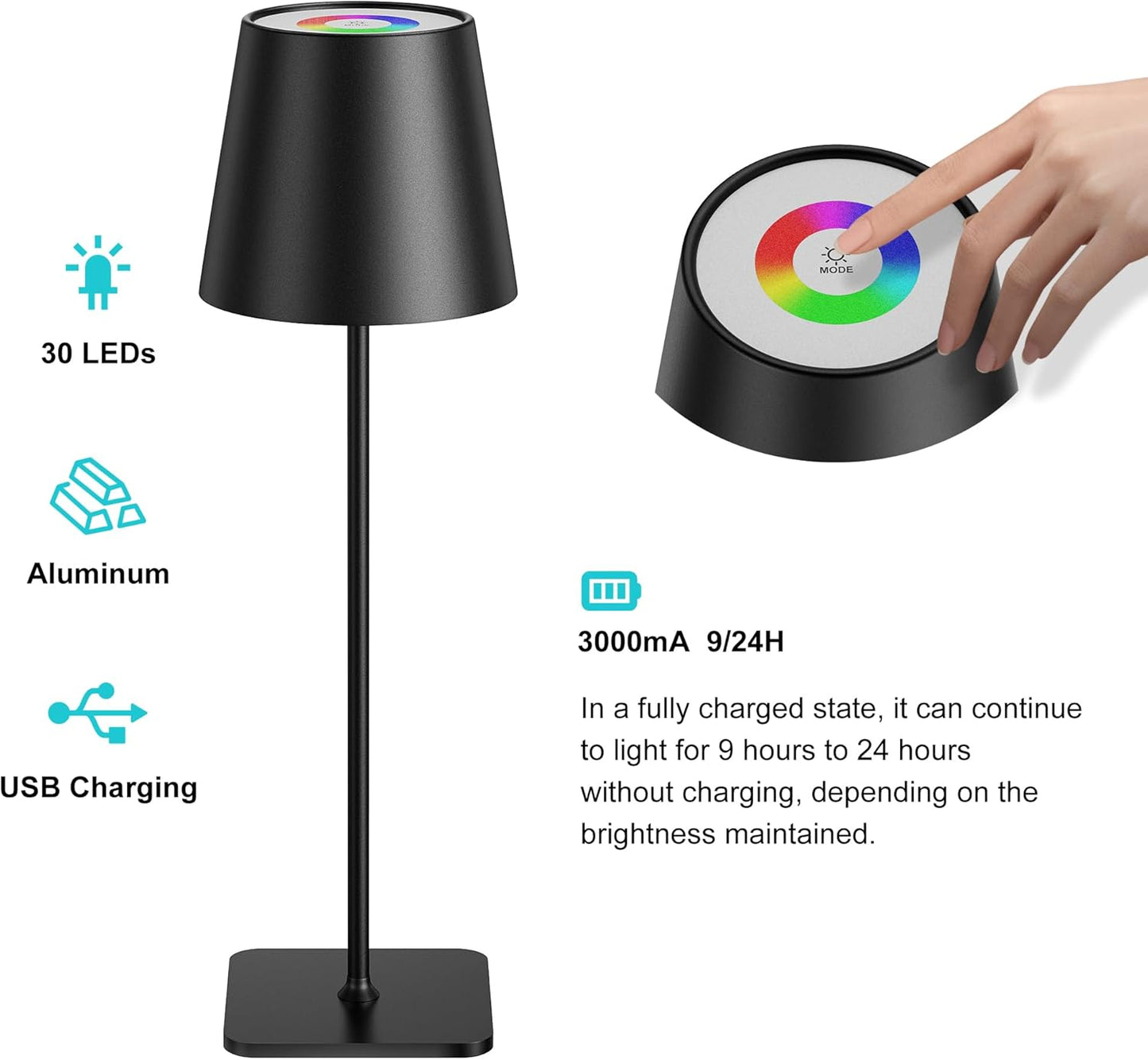 Mexllex LED Dimmbar Tischlampe Kabellos, 8 Farben RGB Touch IP54 Wasserdicht Wiederaufladbare für Draussen Schlafzimmer, Lesen, Arbeiten, Bars, Restaurants