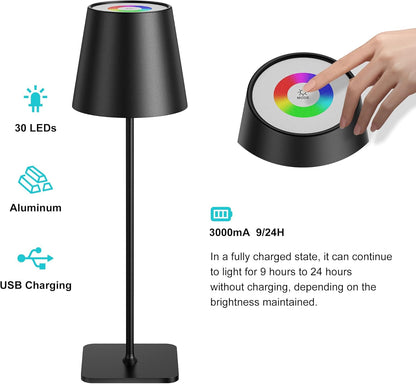 Mexllex LED Dimmbar Tischlampe Kabellos, 8 Farben RGB Touch IP54 Wasserdicht Wiederaufladbare für Draussen Schlafzimmer, Lesen, Arbeiten, Bars, Restaurants