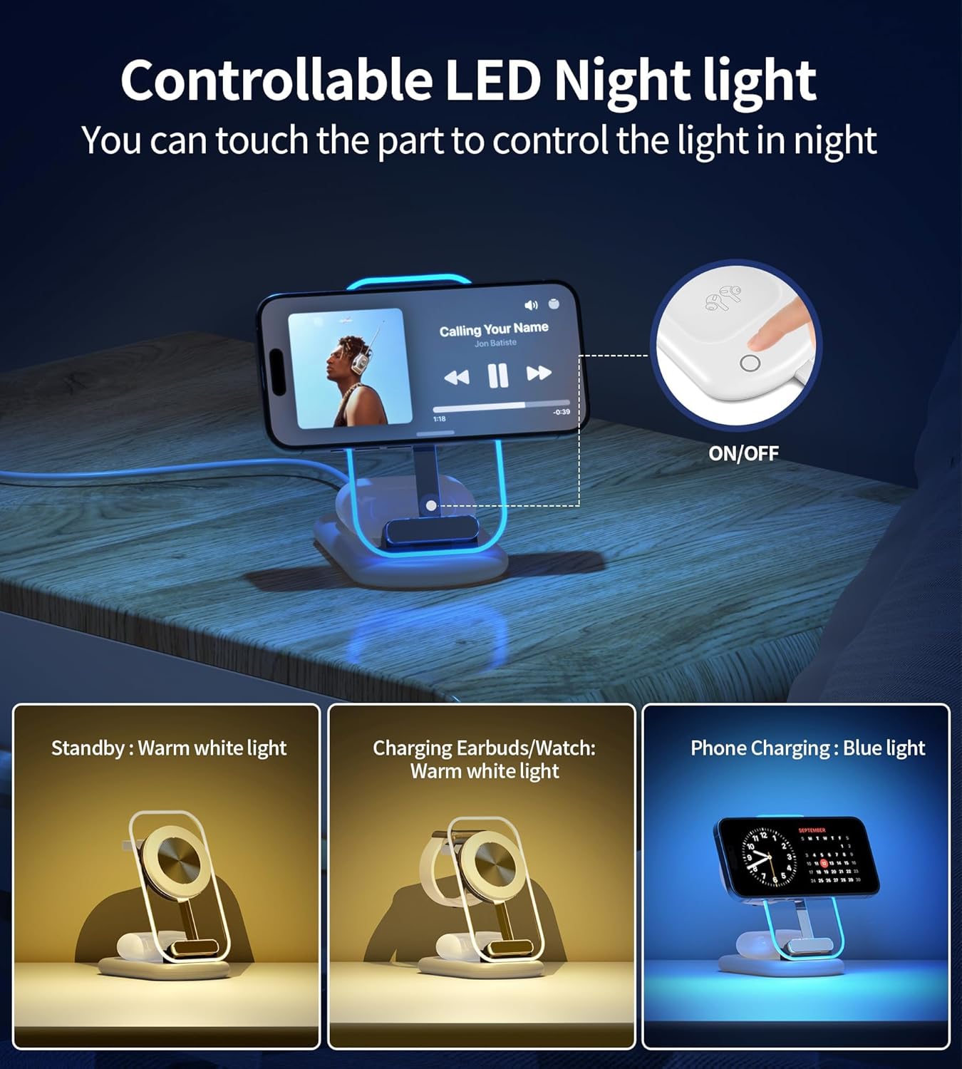Mag Safe Ladestation, 3 in 1  Ladegerät,faltbar einstellbar Winkel mit Atmosphärenlicht,