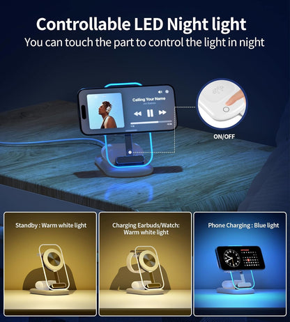 Mag Safe Ladestation, 3 in 1  Ladegerät,faltbar einstellbar Winkel mit Atmosphärenlicht,