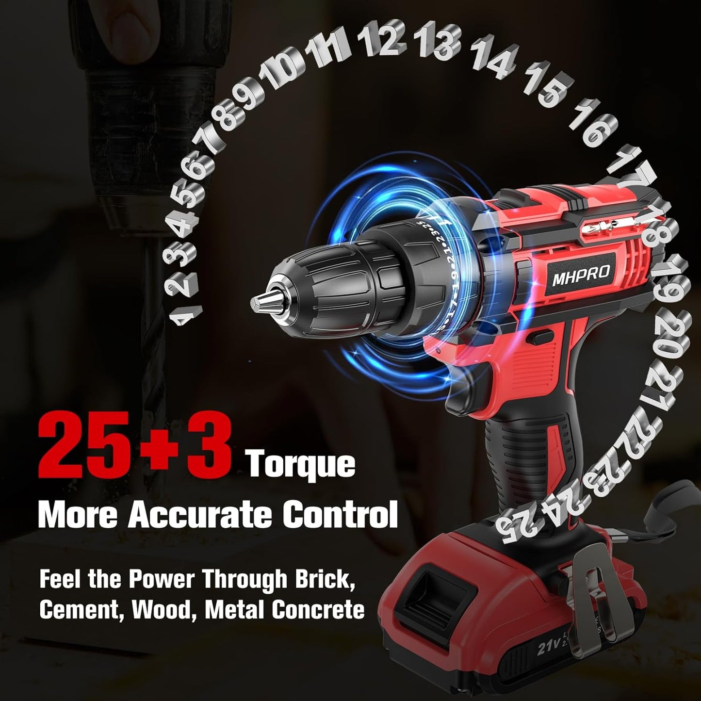 MHPRO 21-V-Akku-Bohrschrauber mit 2,0-Ah-Akkus,42Nm Schraubendreher, 23 Zubehör