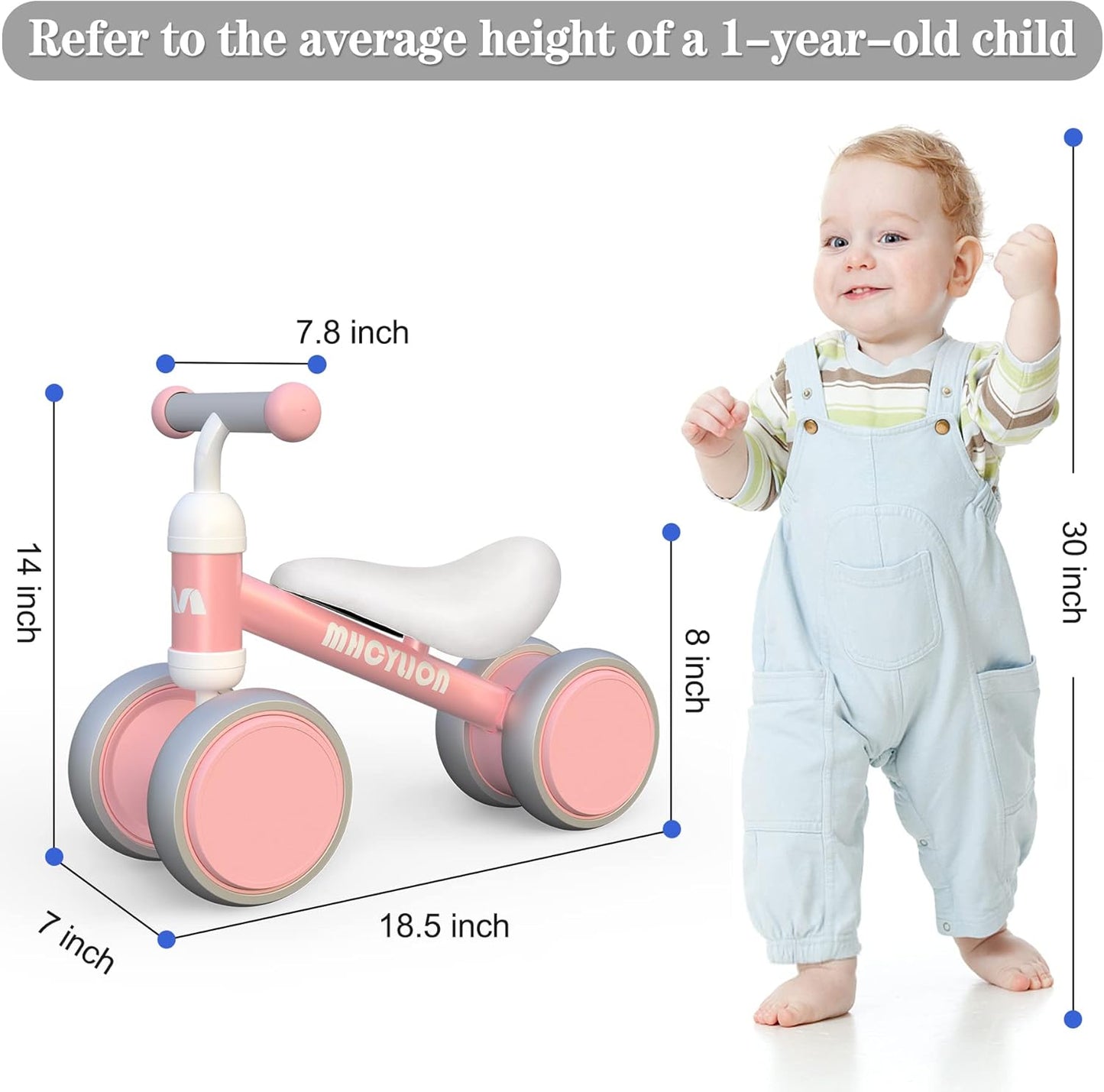 MHCYLION Kinder Laufrad mit 4 Räder für 10-24 Monate Baby, Rosa