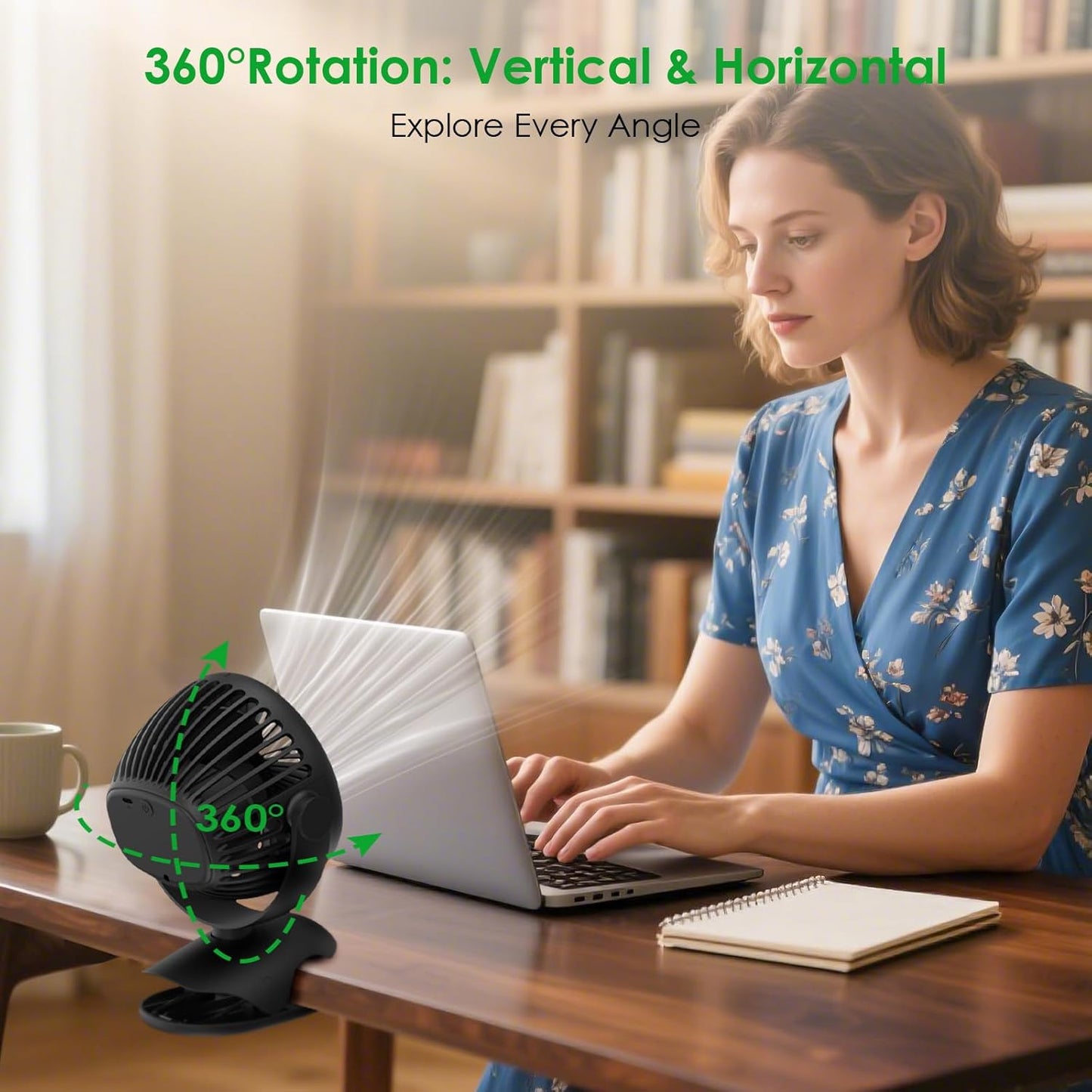 Minthouz Tischventilator mit Clip, 7200mAh Wiederaufladbarer USB Ventilator 360°