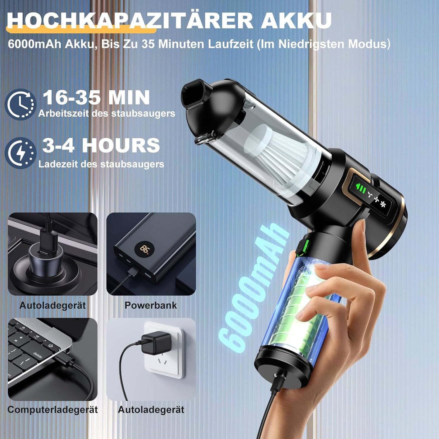 Micisty Handstaubsauger Akku 4-in-1 mit LCD Display, Auto Staubsauger Stark 28000PA