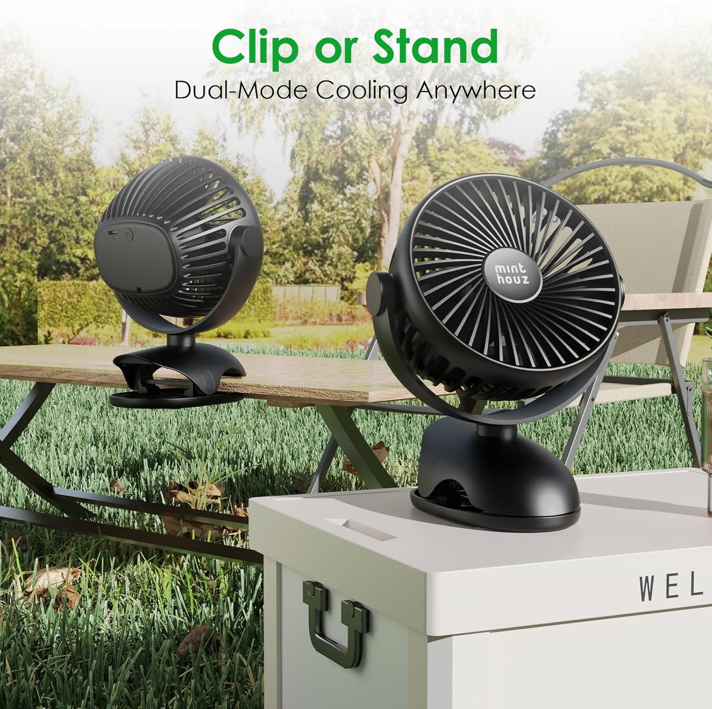 Minthouz Tischventilator mit Clip, 7200mAh Wiederaufladbarer USB Ventilator 360°