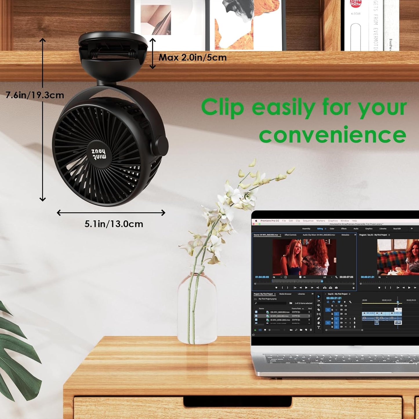 Minthouz Tischventilator mit Clip, 7200mAh Wiederaufladbarer USB Ventilator 360°