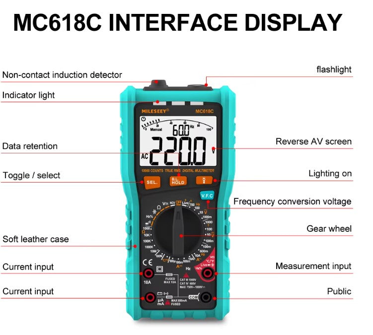 Multimètre Mileseey Mc618c, voltmètre AC/DC 10 000 points