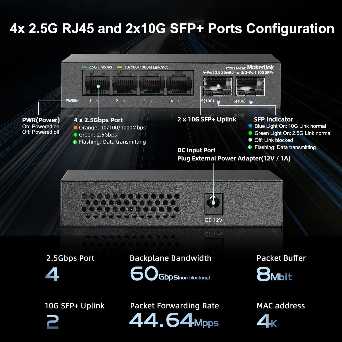 MokerLink 4 Port 2.5G Ethernet Switch mit 2x10G SFP+ Slot, 4x2.5G RJ45 Ports