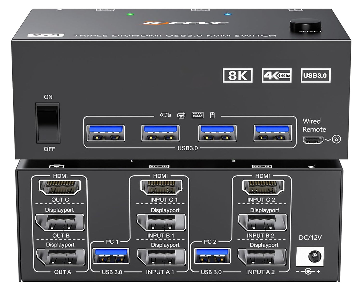 KVM Switch 2 PC 3 Monitore HDMI+2 Displayport 8K@60Hz 4K@144Hz,