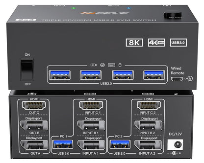 KVM Switch 2 PC 3 Monitore HDMI+2 Displayport 8K@60Hz 4K@144Hz,