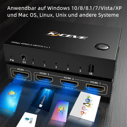 MLEEDA HDMI-Switch 4K 60Hz 5 in 1 Out, HDMI-Switch unterstützt 4K DR