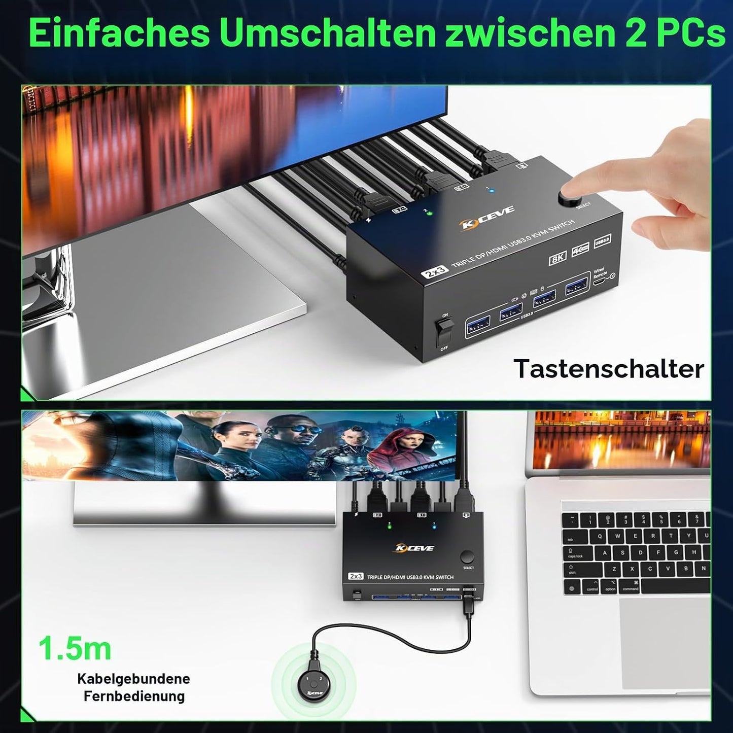 KVM Switch 2 PC 3 Monitore HDMI+2 Displayport 8K@60Hz 4K@144Hz,