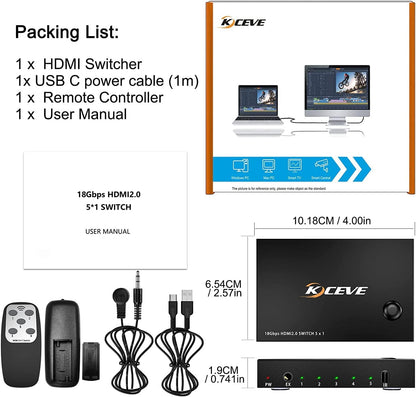 MLEEDA HDMI-Switch 4K 60Hz 5 in 1 Out, HDMI-Switch unterstützt 4K DR
