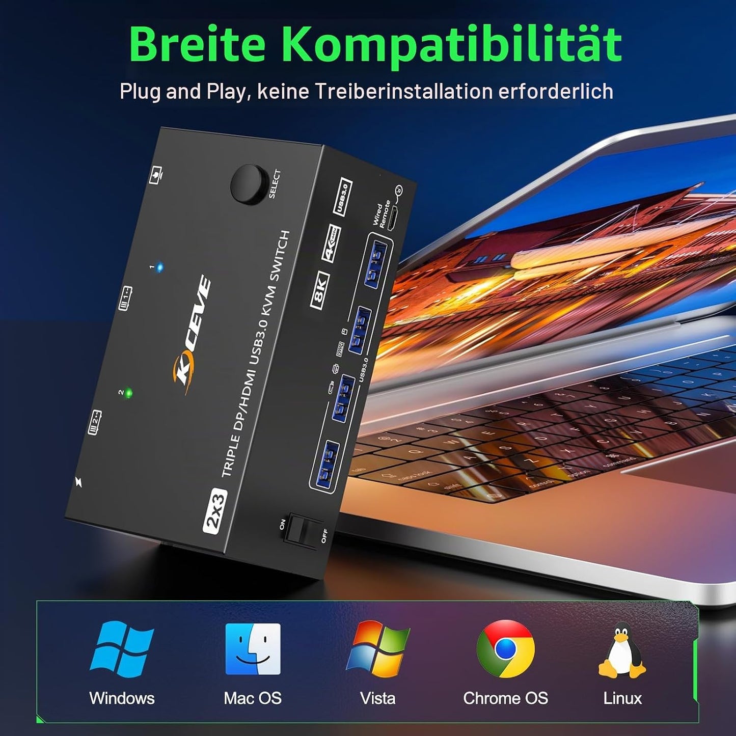 KVM Switch 2 PC 3 Monitore HDMI+2 Displayport 8K@60Hz 4K@144Hz,