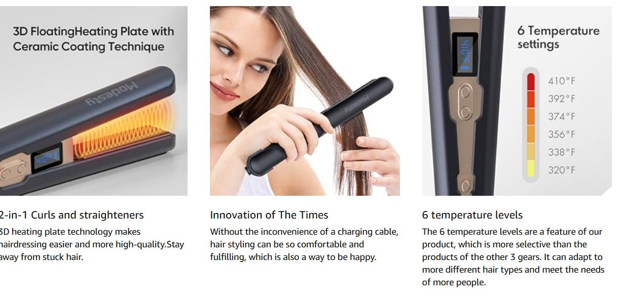 MODESTY 2-in-1 Kabelloser Haarglätter und Lockenwickler mit 9600 mAh großem Akku, Verbrühschutz, 6-stufige