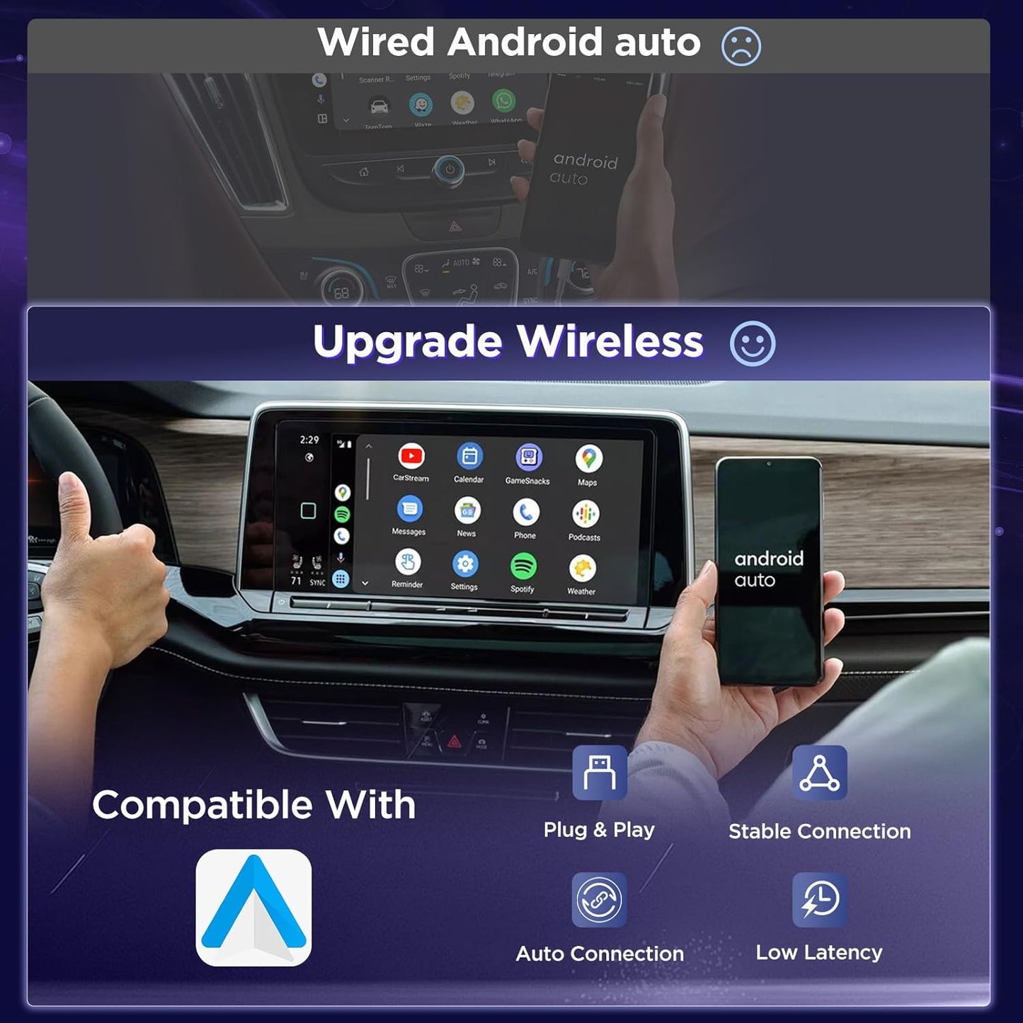 MSXTTLY Android Auto Wireless Adapter 2026 U2AC-L9 5 GHz WiFi, USB-C/A, kompatibel mit Android 11+