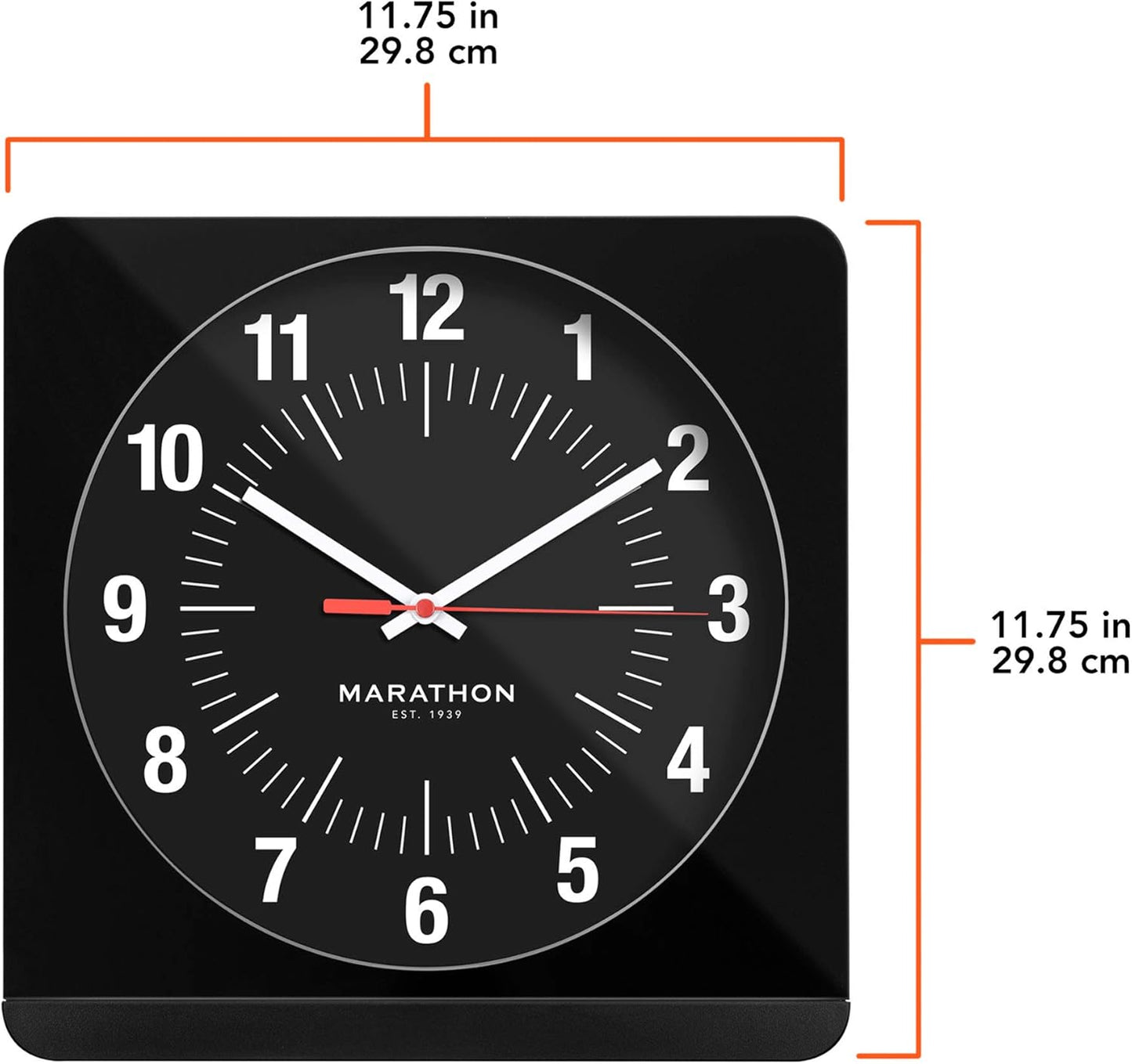Marathon Jumbo Silent Sweep Studio Wanduhr | 30 cm Quadratische Nicht tickende analoge Wanduhr | Leicht ablesbar | Automatische Hintergrundbeleuchtung | Ideal für Studios & Büros