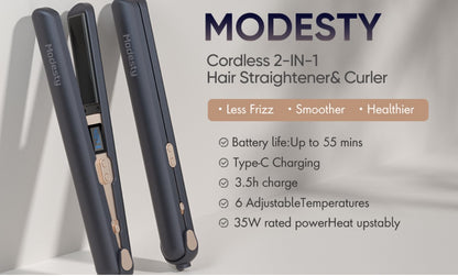 MODESTY 2-in-1 Kabelloser Haarglätter und Lockenwickler mit 9600 mAh großem Akku, Verbrühschutz, 6-stufige
