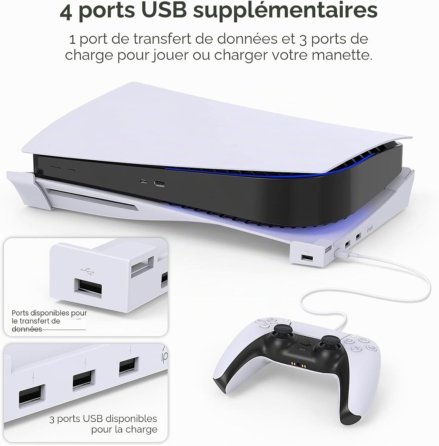 MENEEA Horizontalständer für die PS5-Konsole mit 4-Port-USB-Hub weiß