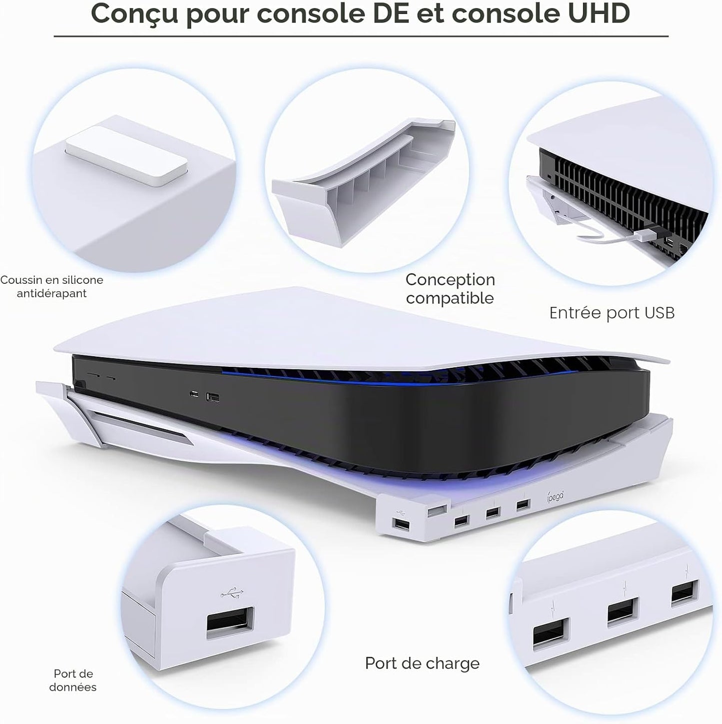 MENEEA Horizontalständer für die PS5-Konsole mit 4-Port-USB-Hub weiß