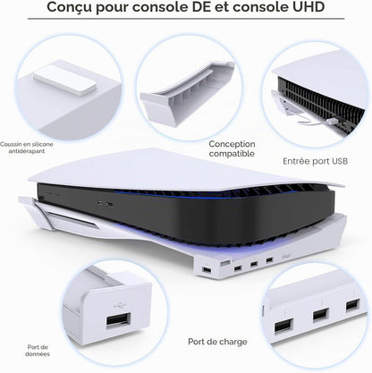 MENEEA Horizontalständer für die PS5-Konsole mit 4-Port-USB-Hub weiß