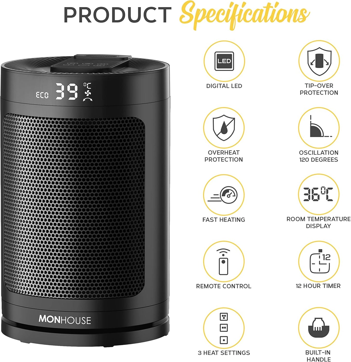 MONHOUSE Elektroheizlüfter 1500W, PTC-Keramik-Heizung,Fernbedienung,Timer