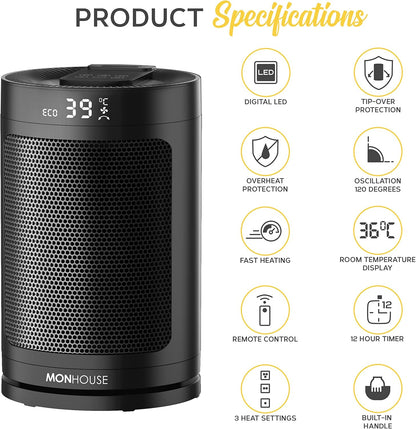 MONHOUSE Elektroheizlüfter 1500W, PTC-Keramik-Heizung,Fernbedienung,Timer