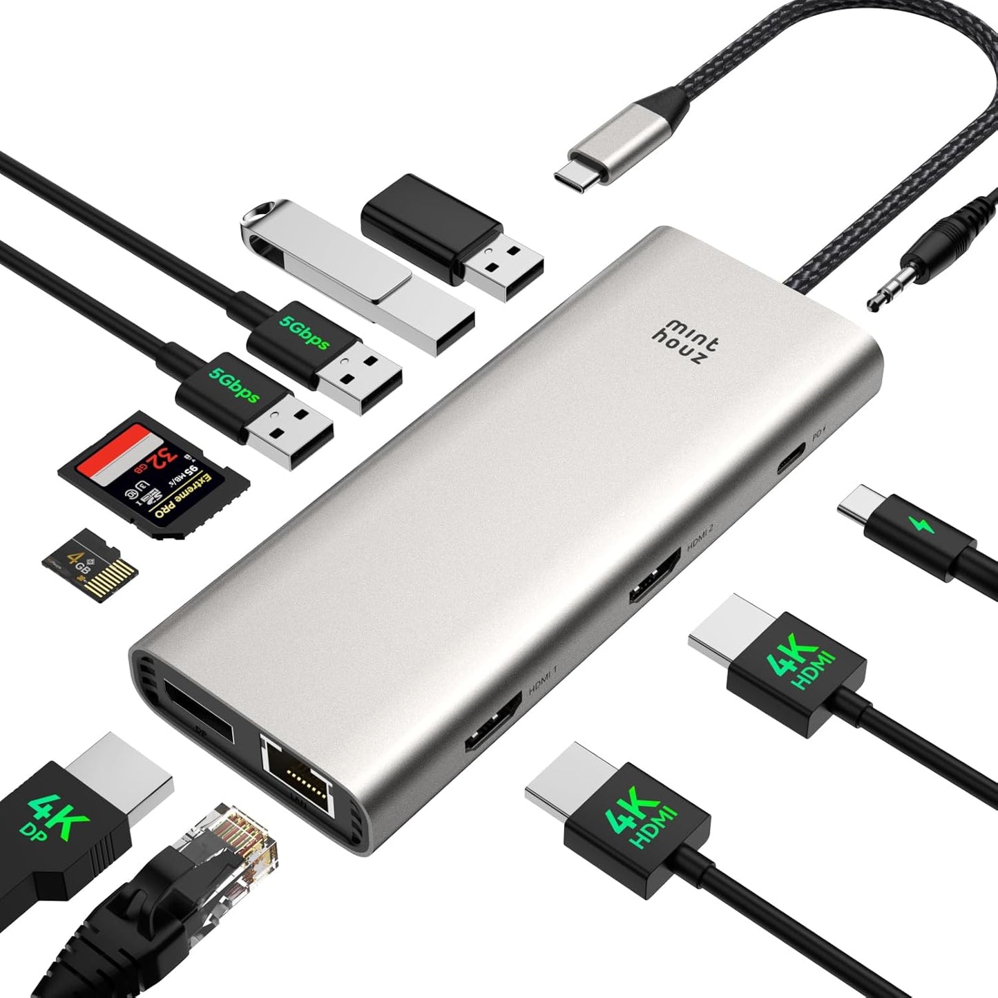 Minthouz USB C Docking Station Triple Monitor 12 in 1 für Laptop (Dual HDMI+DP)