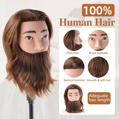 Anstar Mann Frisierkopf 100% Echthaar mit Bart Tischklemme + Kammsatz(19 Zoll)