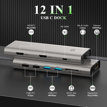 Minthouz USB C Docking Station Triple Monitor 12 in 1 für Laptop (Dual HDMI+DP)
